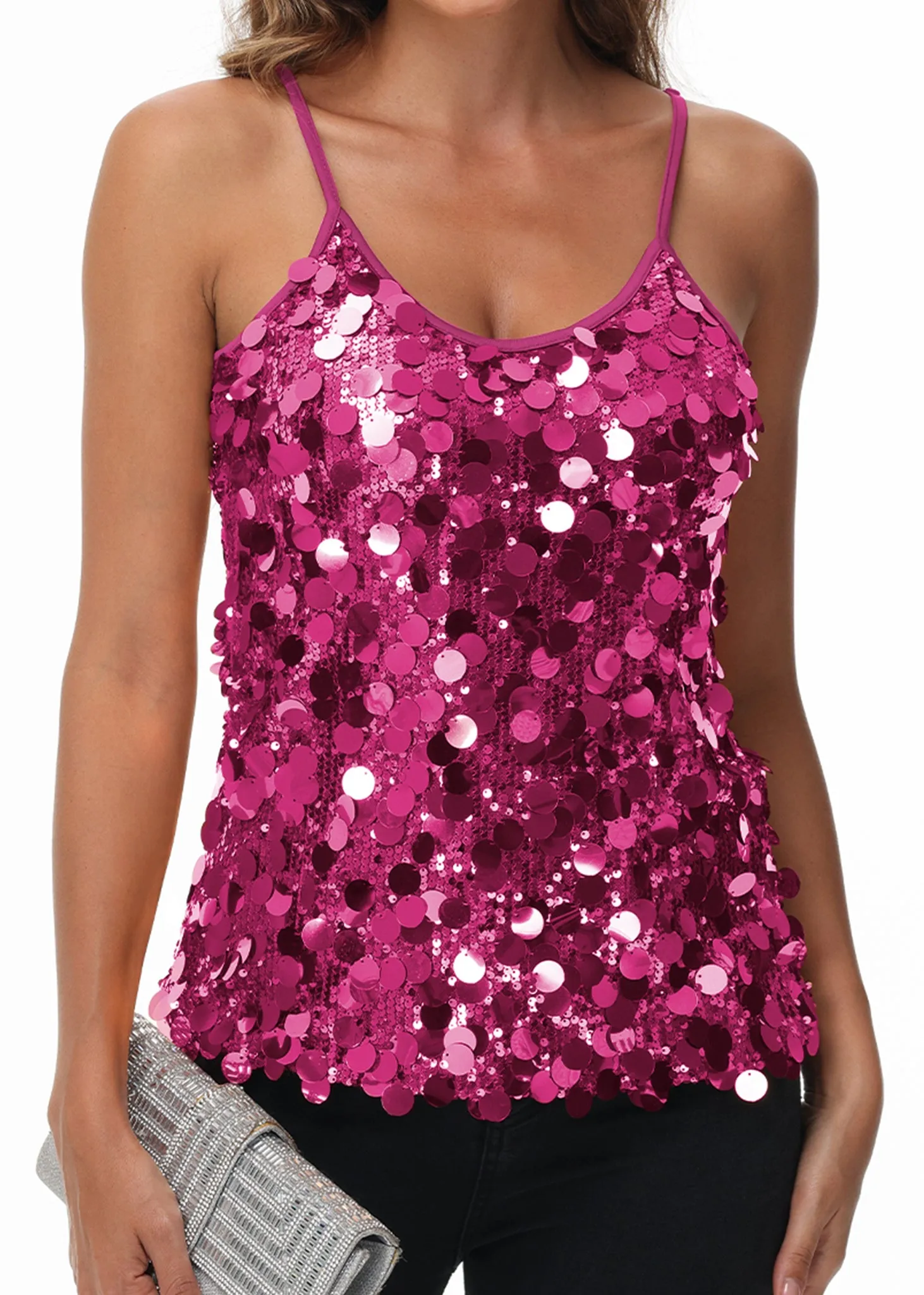 Anna-Kaci Womens Sequin Cami Tops Sleeveless Spaghetti Strap Shimmer Glitter Party Tank Top