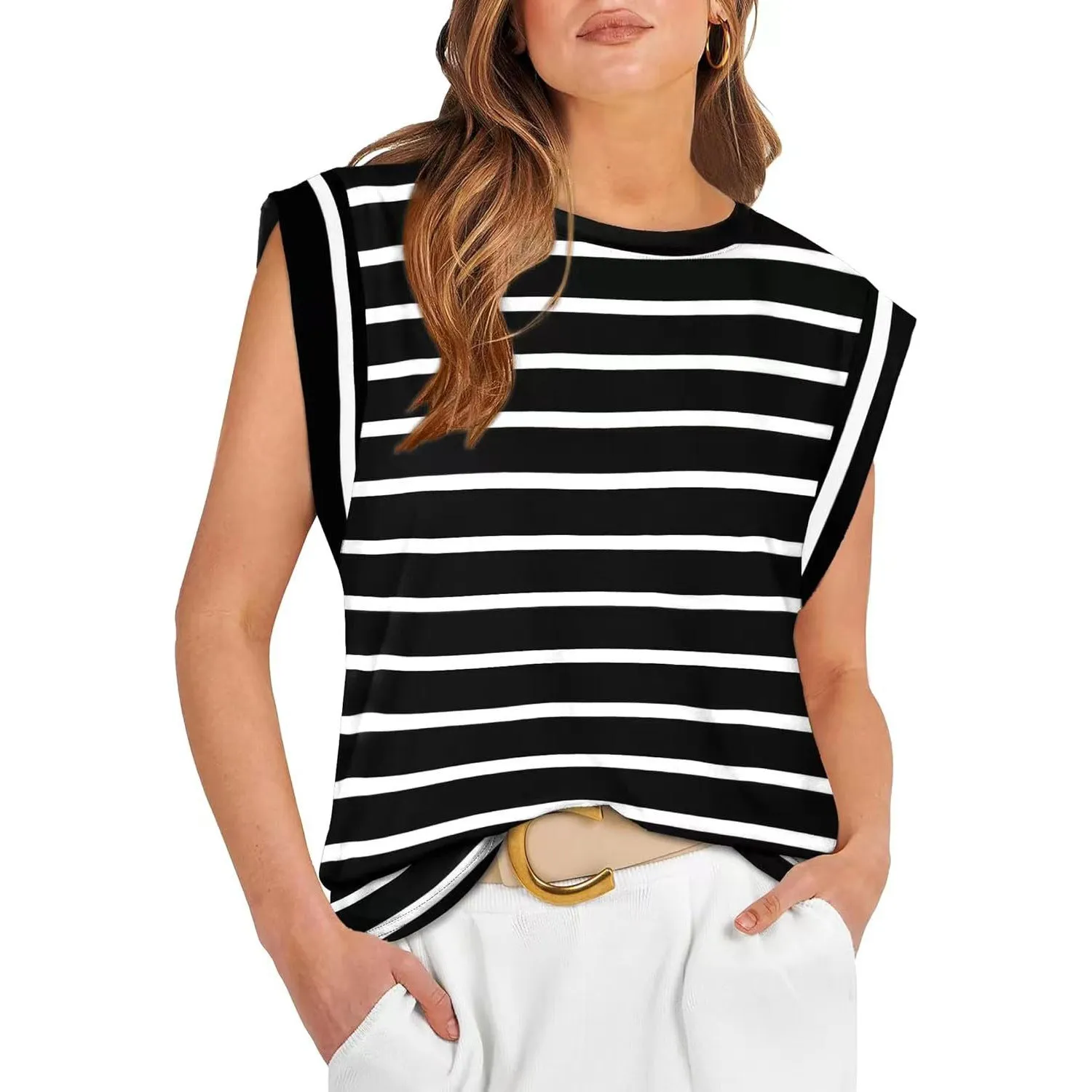 Crew Neck Loose Short Sleeve T-Shirt Striped Top Women's Vest