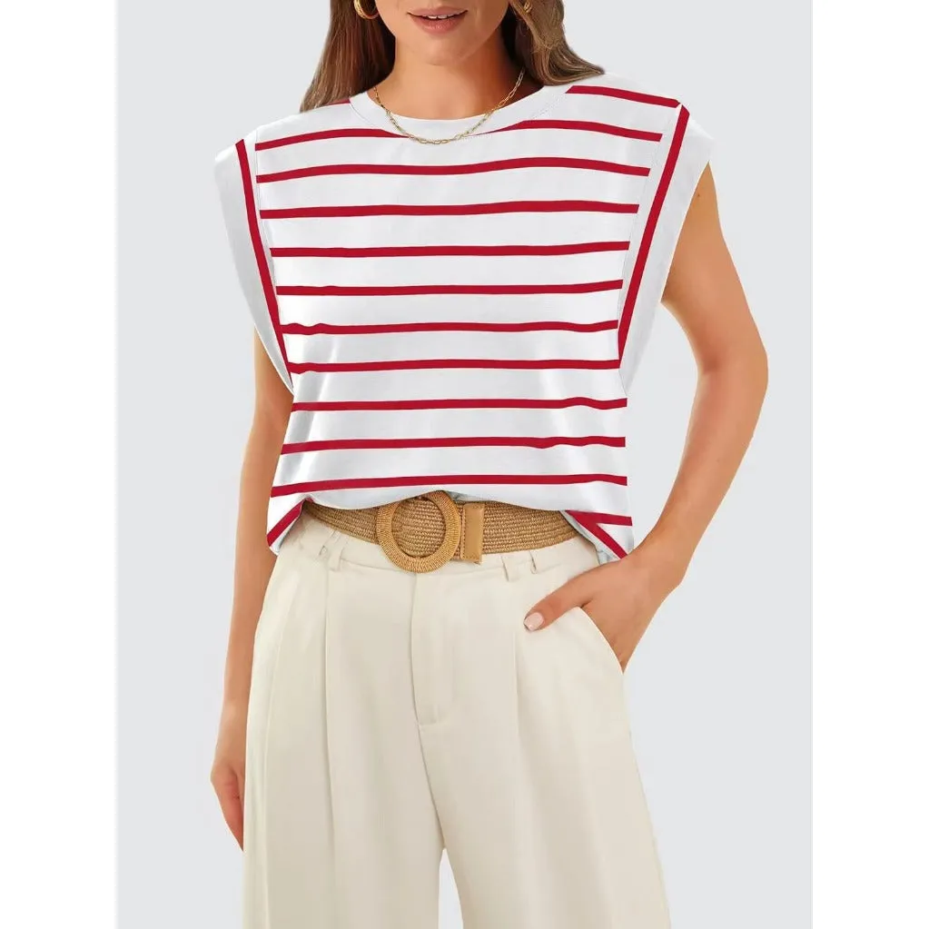 Crew Neck Loose Short Sleeve T-Shirt Striped Top Women's Vest