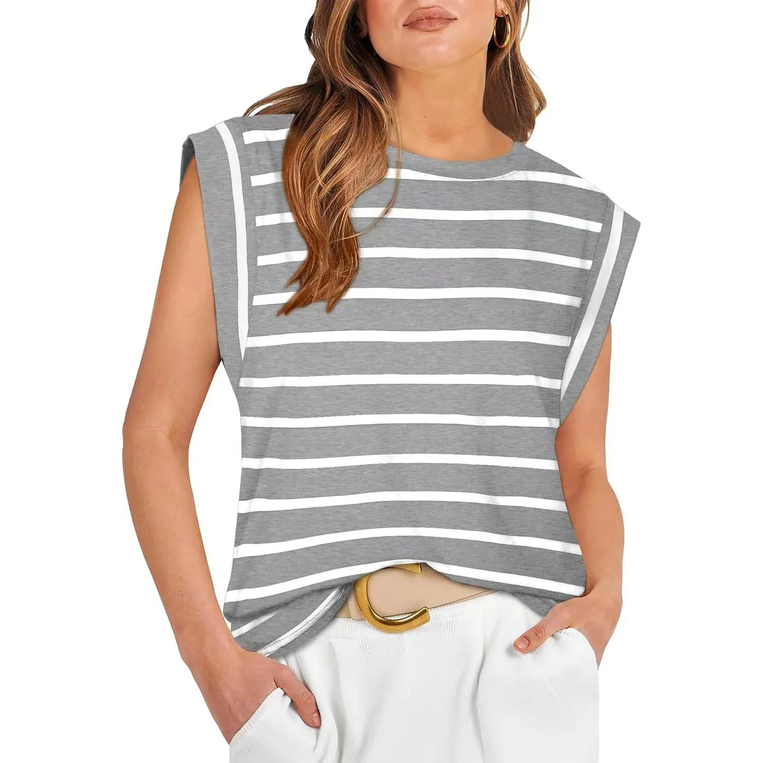 Crew Neck Loose Short Sleeve T-Shirt Striped Top Women's Vest