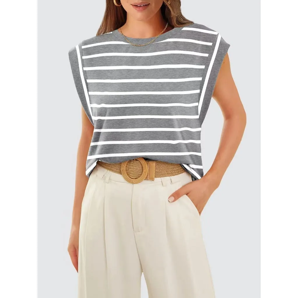 Crew Neck Loose Short Sleeve T-Shirt Striped Top Women's Vest