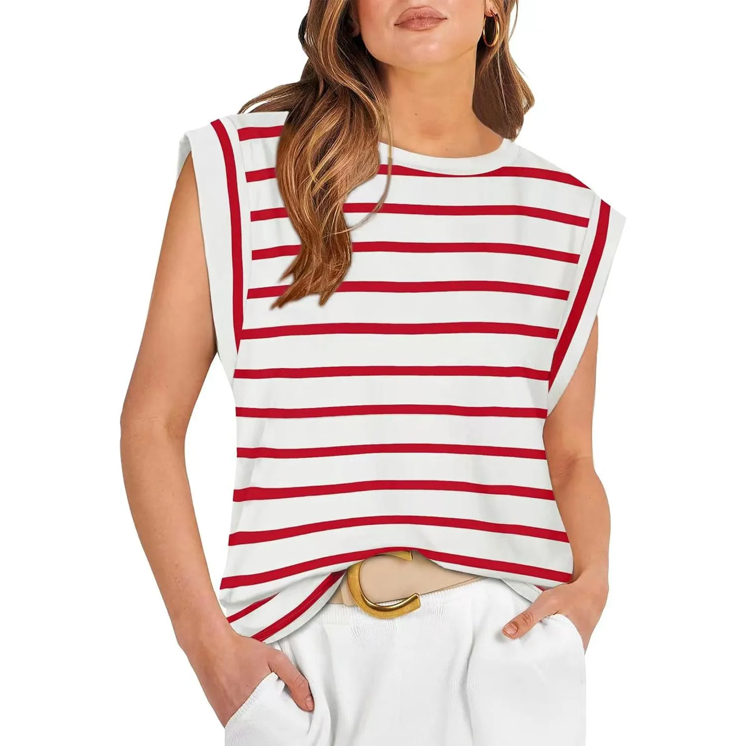 Crew Neck Loose Short Sleeve T-Shirt Striped Top Women's Vest