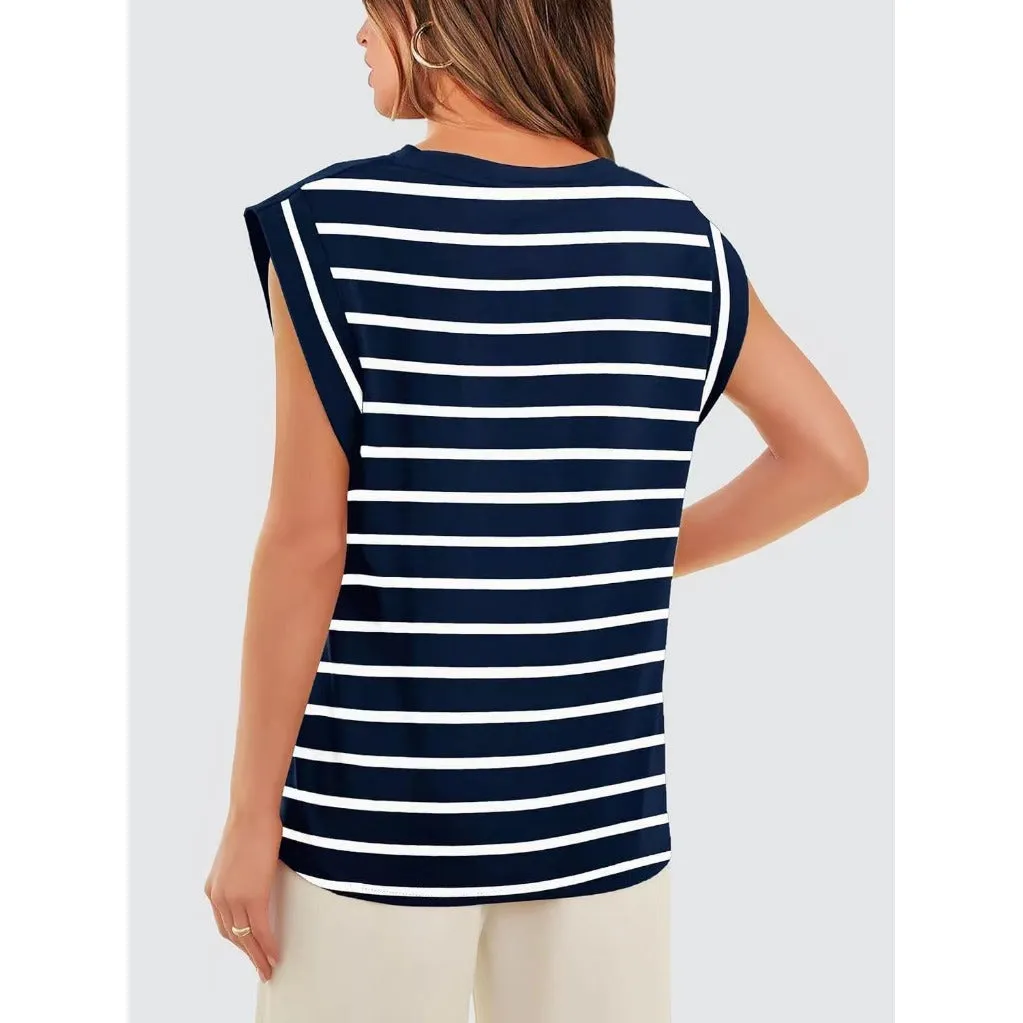 Crew Neck Loose Short Sleeve T-Shirt Striped Top Women's Vest