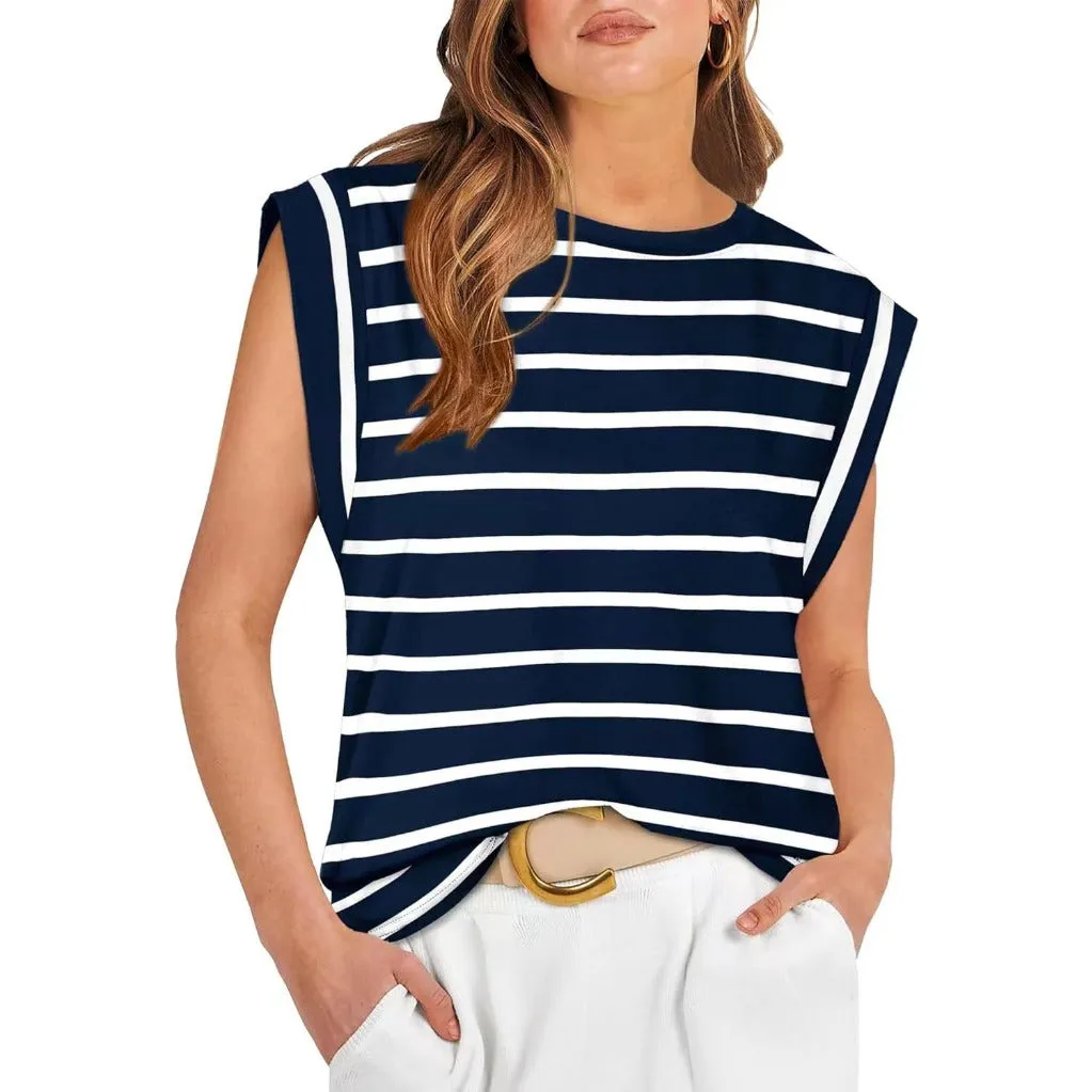 Crew Neck Loose Short Sleeve T-Shirt Striped Top Women's Vest