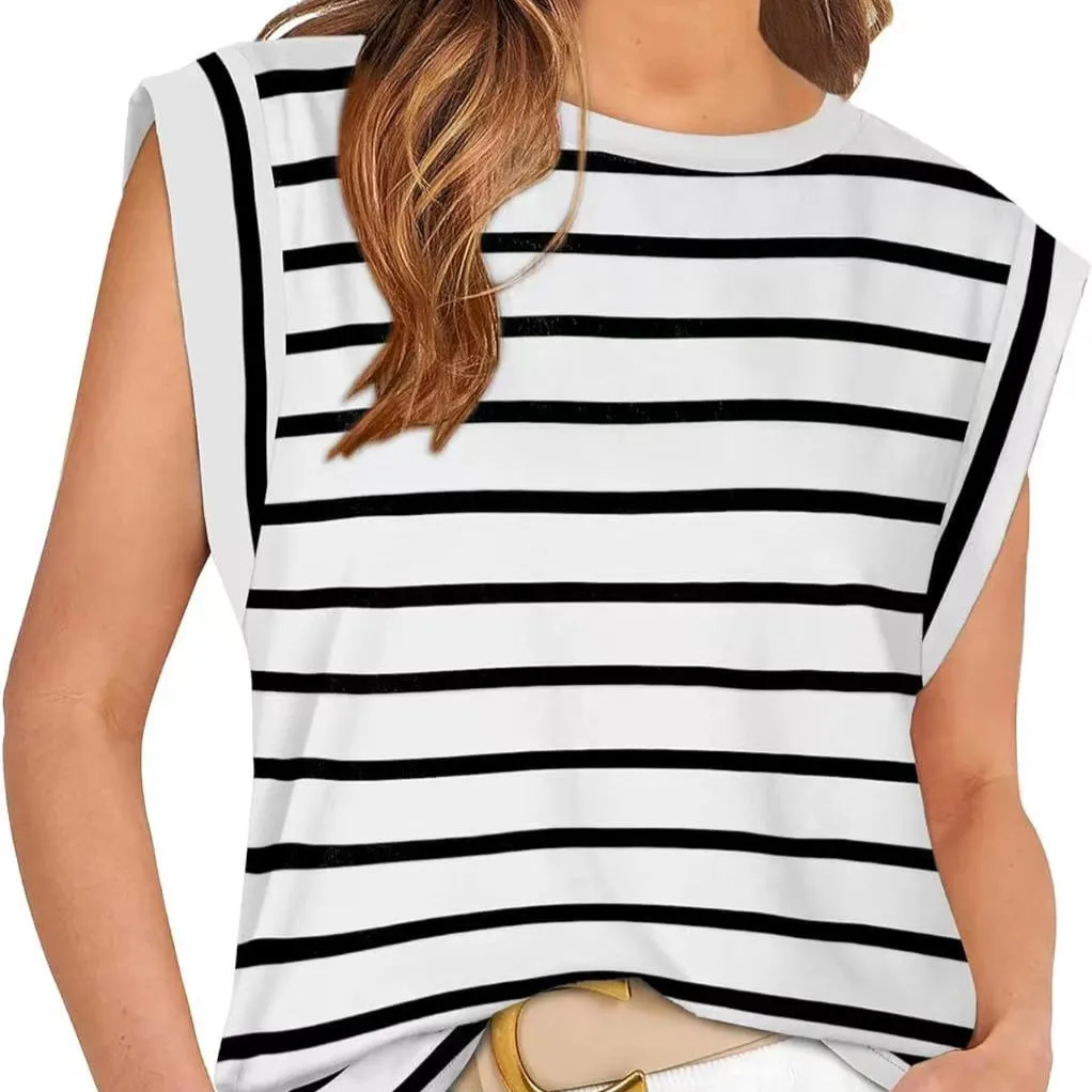 Crew Neck Loose Short Sleeve T-Shirt Striped Top Women's Vest