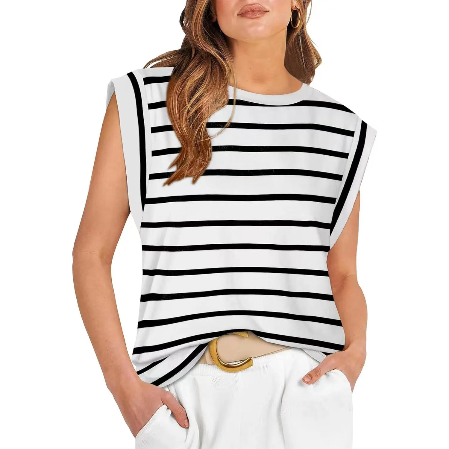 Crew Neck Loose Short Sleeve T-Shirt Striped Top Women's Vest