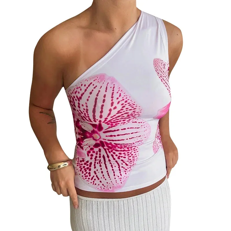 CUTENOVA Floral Print Fitted Tops Women Resort Wear Graphic Tees Summer 2024 Casual One Shoulder Slash Backless Tank Top