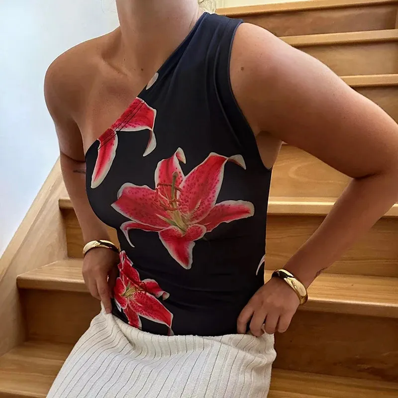 CUTENOVA Floral Print Fitted Tops Women Resort Wear Graphic Tees Summer 2024 Casual One Shoulder Slash Backless Tank Top