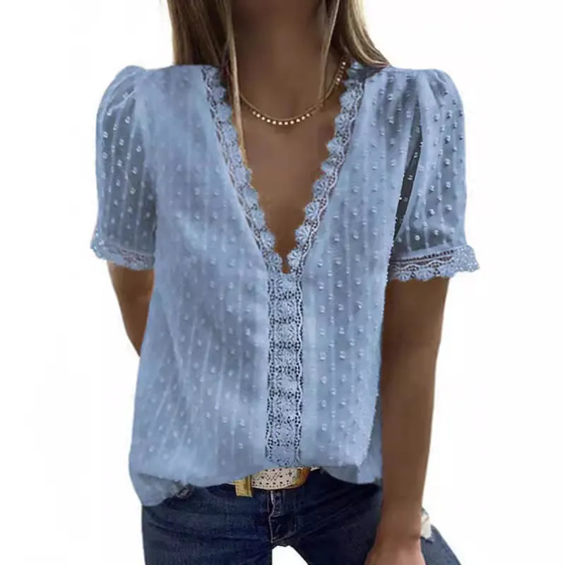 Deep V-neck Chiffon Shirt Embroidered Lace Short-sleeved Top Front and Rear Lining Women's T-Shirts 