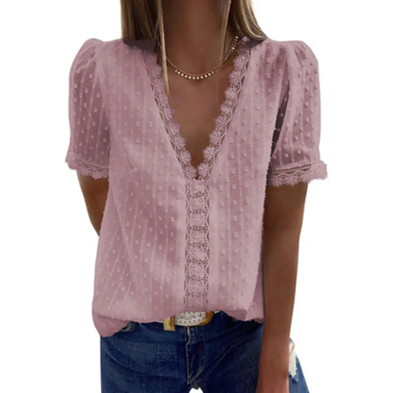 Deep V-neck Chiffon Shirt Embroidered Lace Short-sleeved Top Front and Rear Lining Women's T-Shirts 