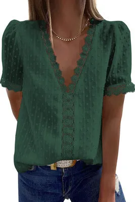 Deep V-neck Chiffon Shirt Embroidered Lace Short-sleeved Top Front and Rear Lining Women's T-Shirts 