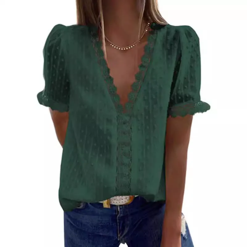 Deep V-neck Chiffon Shirt Embroidered Lace Short-sleeved Top Front and Rear Lining Women's T-Shirts 