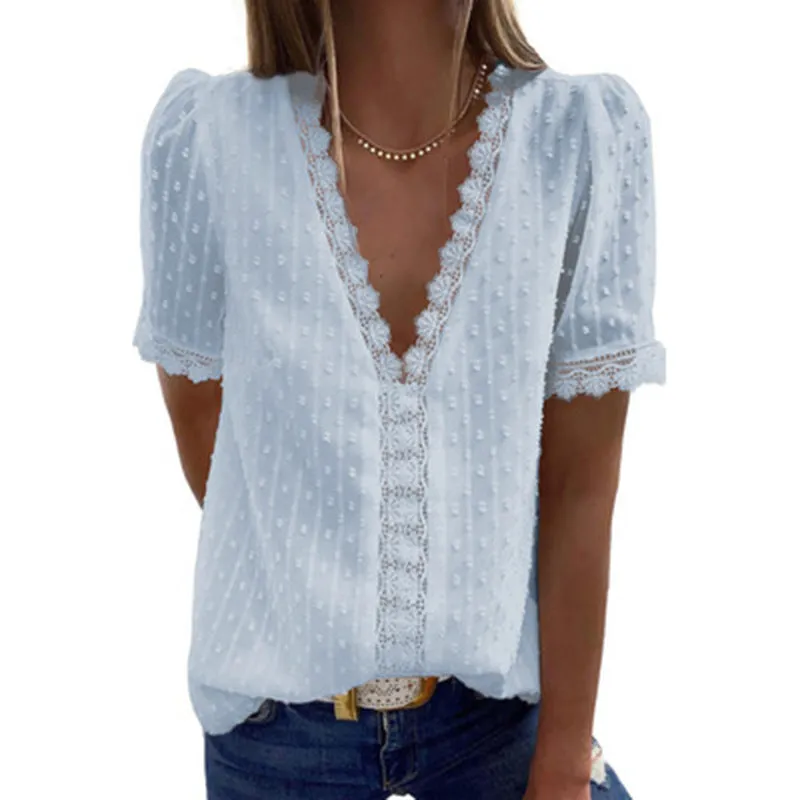 Deep V-neck Chiffon Shirt Embroidered Lace Short-sleeved Top Front and Rear Lining Women's T-Shirts 