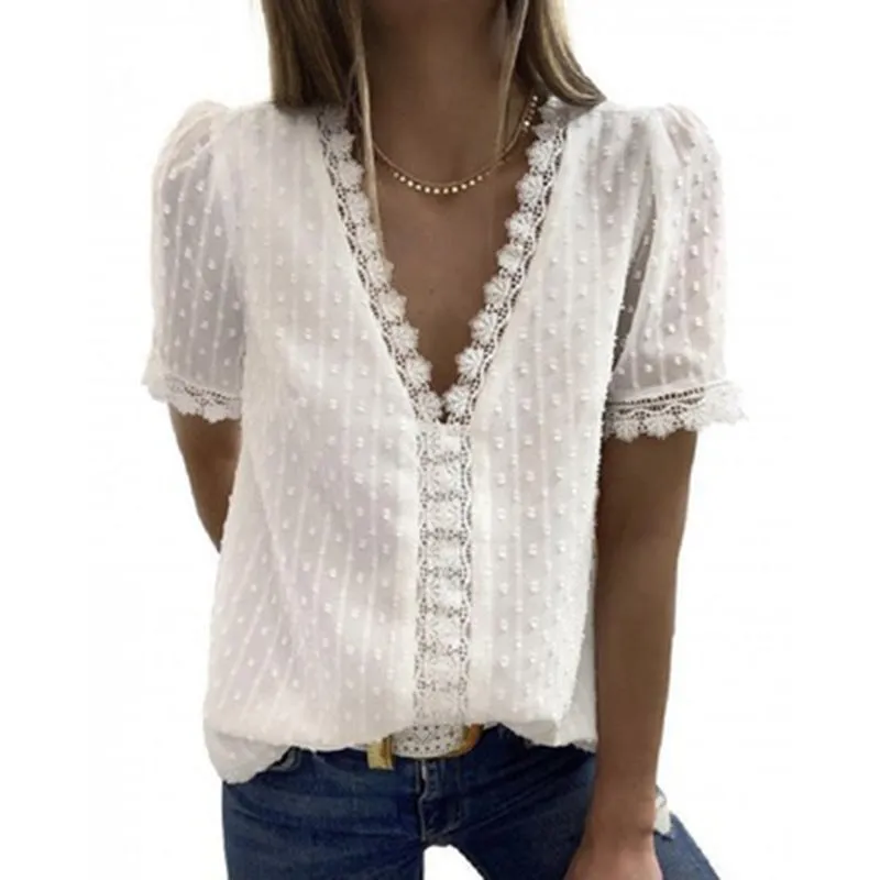 Deep V-neck Chiffon Shirt Embroidered Lace Short-sleeved Top Front and Rear Lining Women's T-Shirts 
