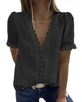 Deep V-neck Chiffon Shirt Embroidered Lace Short-sleeved Top Front and Rear Lining Women's T-Shirts 