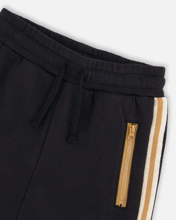 Deux Par Deux Fleece Sweatpants with Contrast Side Rib Band & Zip Pockets in Anthracite