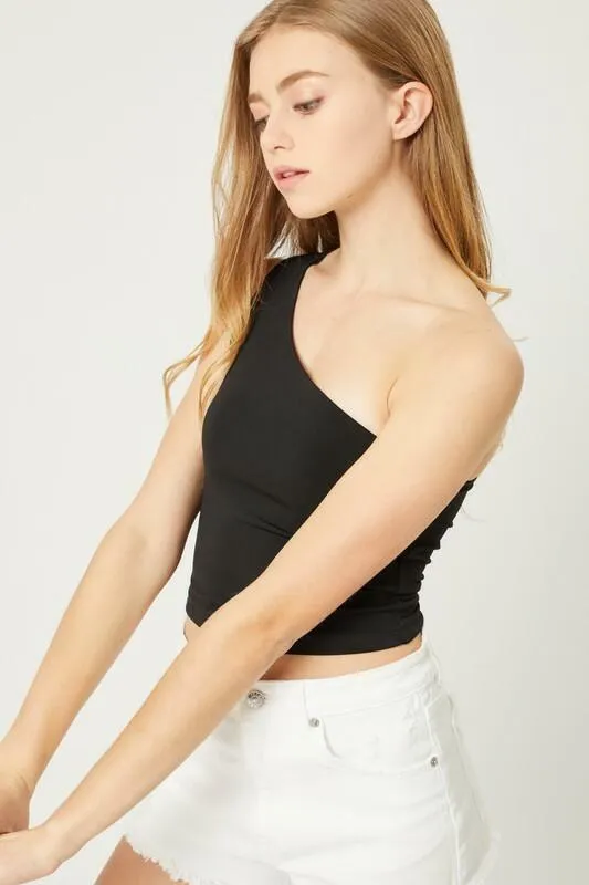 Elsa Black One-Shoulder Cropped Tank Top