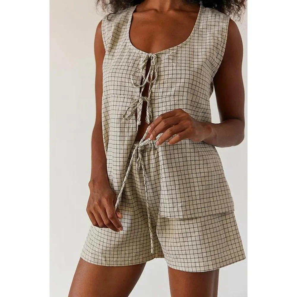 Girlary Women's Y2K Summer 2 Piece Loose Fit Plaid Set Sleeveless O-Neck Front Bow Tie-up Tank Tops   Drawstring Waist Shorts