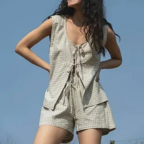Girlary Women's Y2K Summer 2 Piece Loose Fit Plaid Set Sleeveless O-Neck Front Bow Tie-up Tank Tops   Drawstring Waist Shorts
