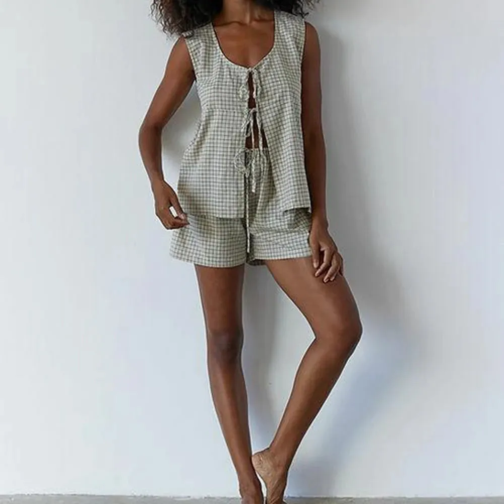 Girlary Women's Y2K Summer 2 Piece Loose Fit Plaid Set Sleeveless O-Neck Front Bow Tie-up Tank Tops   Drawstring Waist Shorts