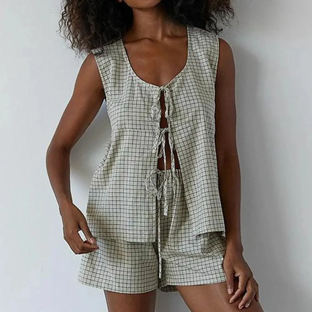 Girlary Women's Y2K Summer 2 Piece Loose Fit Plaid Set Sleeveless O-Neck Front Bow Tie-up Tank Tops   Drawstring Waist Shorts
