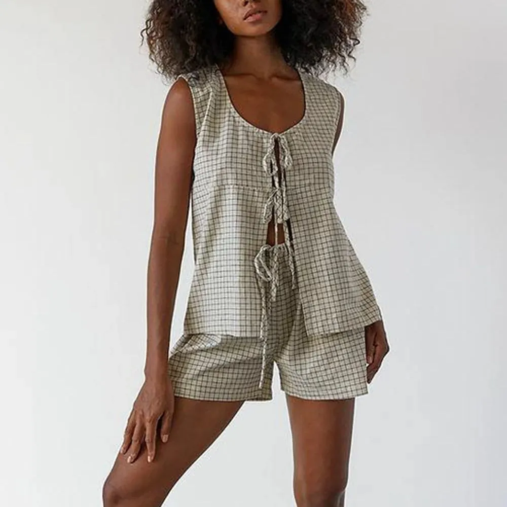Girlary Women's Y2K Summer 2 Piece Loose Fit Plaid Set Sleeveless O-Neck Front Bow Tie-up Tank Tops   Drawstring Waist Shorts