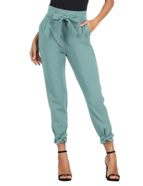 GRACE KARIN Womens Casual High Waist Pencil Pants with Pockets Bow-Knot Cropped Paper Bag Pants for Work Bluish Green S