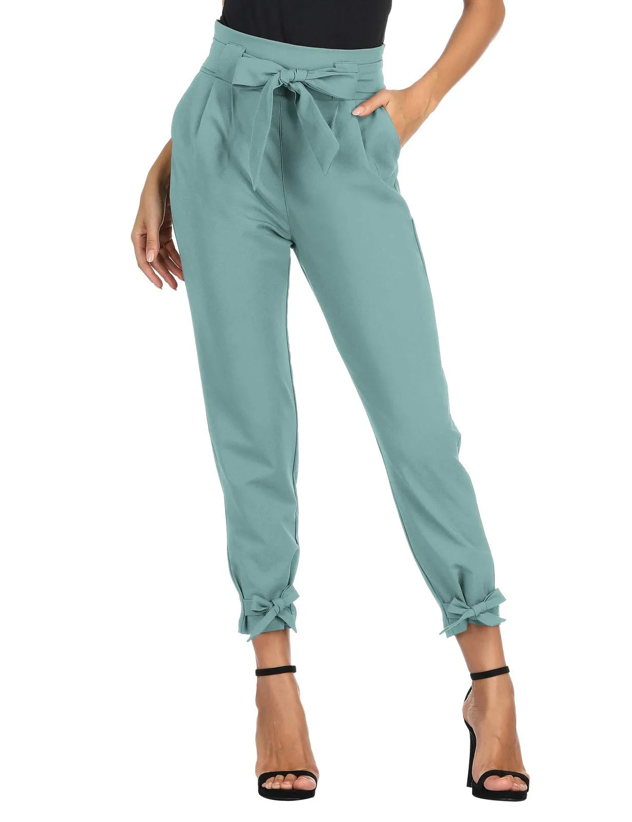 GRACE KARIN Womens Casual High Waist Pencil Pants with Pockets Bow-Knot Cropped Paper Bag Pants for Work Bluish Green S