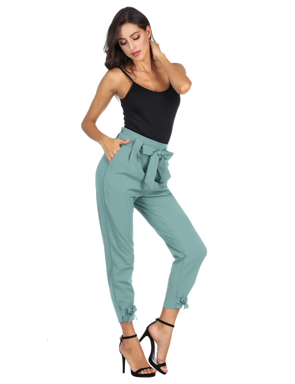 GRACE KARIN Womens Casual High Waist Pencil Pants with Pockets Bow-Knot Cropped Paper Bag Pants for Work Bluish Green S