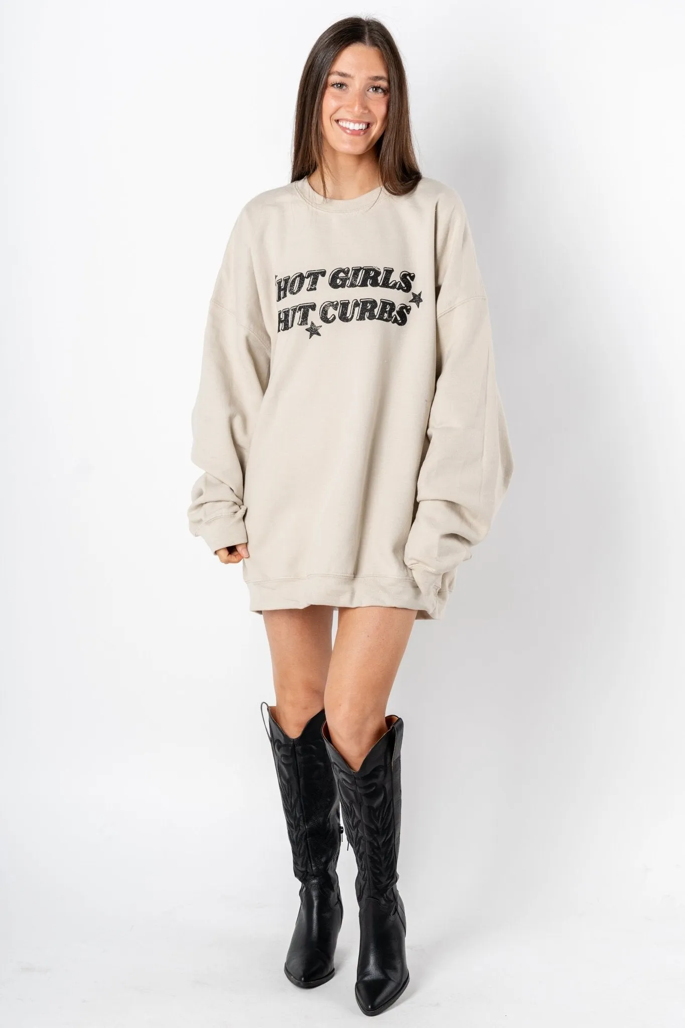 Hot girls hit curbs oversized thrifted sweatshirt sand