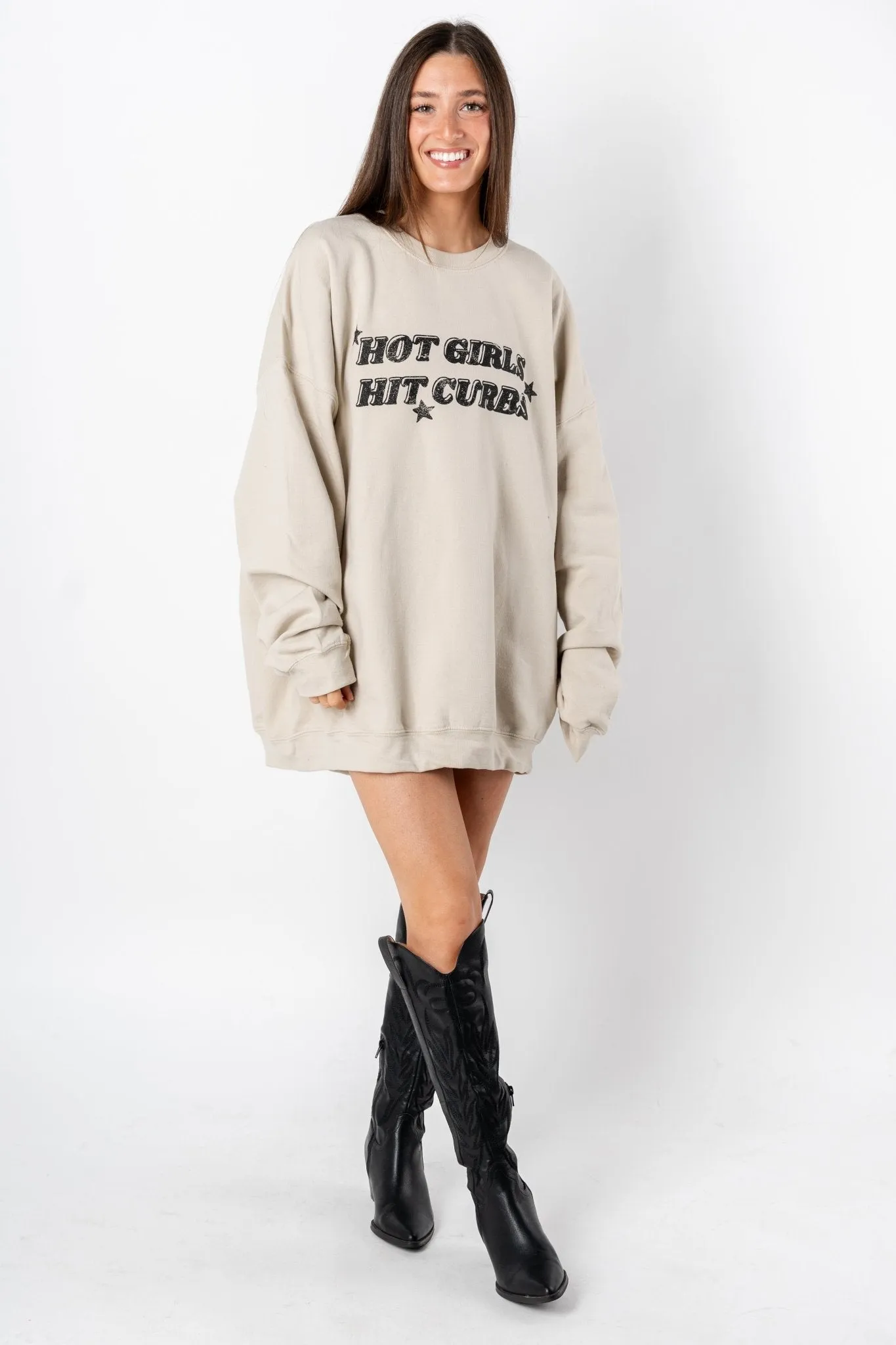 Hot girls hit curbs oversized thrifted sweatshirt sand