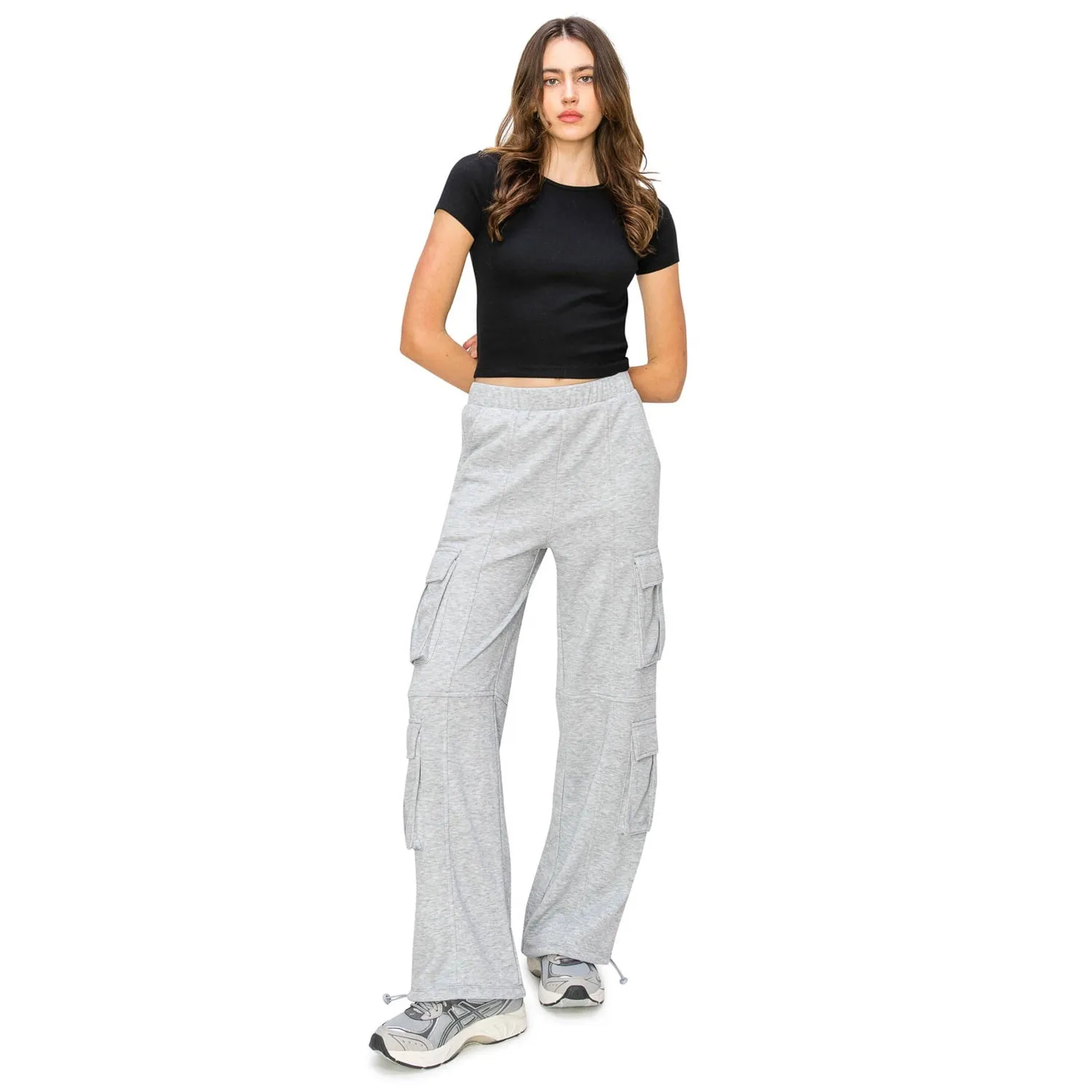 Lazy Sunday Wide Leg Cargo Sweatpants - Heather Grey