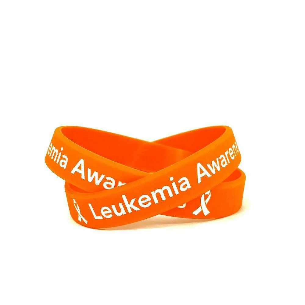 Leukemia Awareness Orange Rubber Bracelet Wristband White Letters - Youth 7"