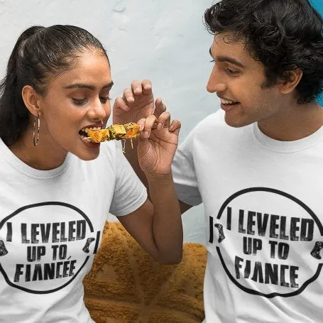 Leveled Up to Fiance/Fiancee Matching Set, Fun Gamer Engagement Gift for Him/Her