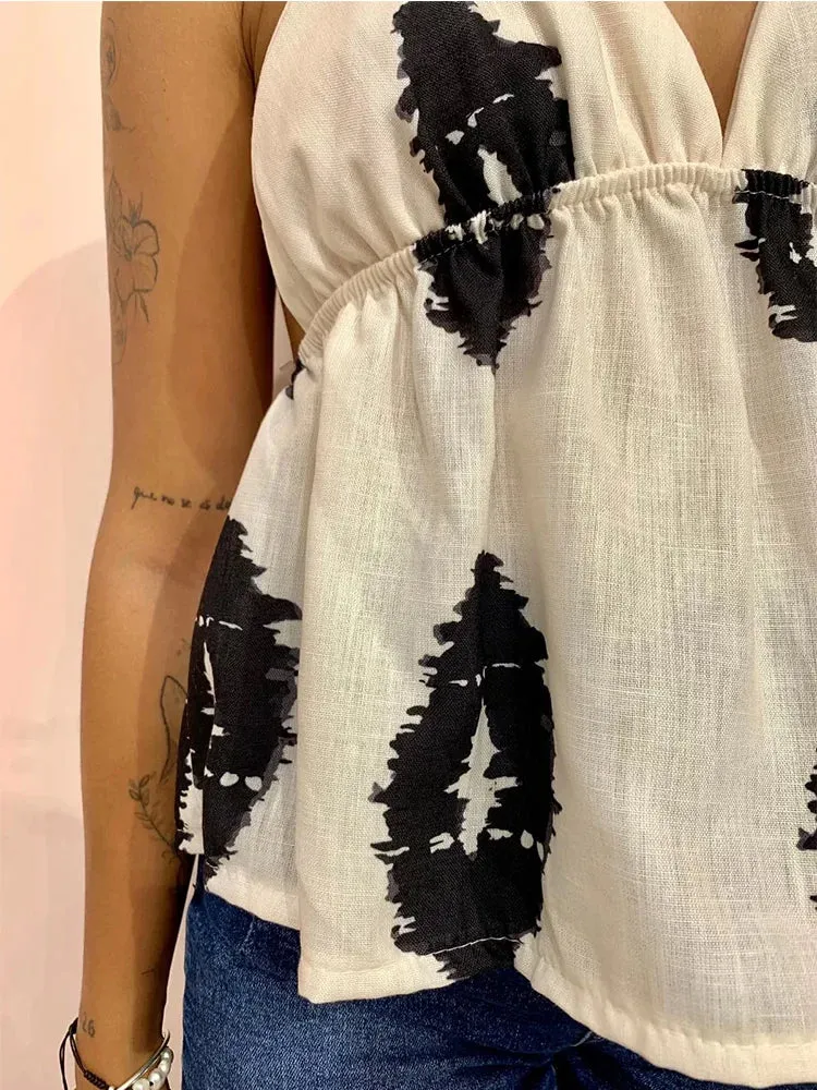 LLYGE Women Halter V-neck Tank Tops - Printed Backless Sleeveless Slim Elegant 2024 Spring Vests Female Street Sexy Holiday Vest Top