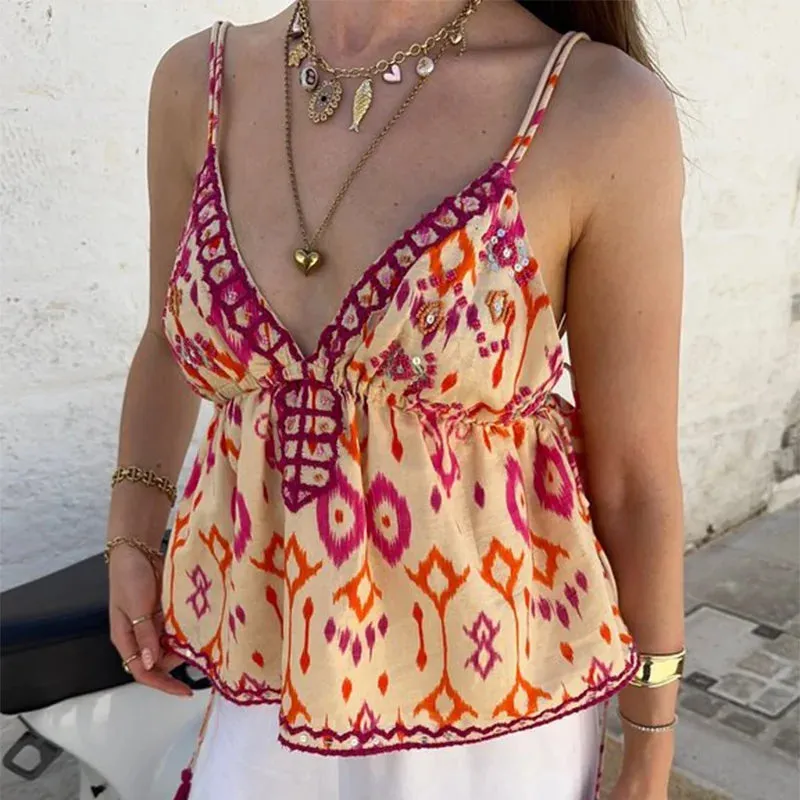 LLYGE Women Halter V-neck Tank Tops - Printed Backless Sleeveless Slim Elegant 2024 Spring Vests Female Street Sexy Holiday Vest Top
