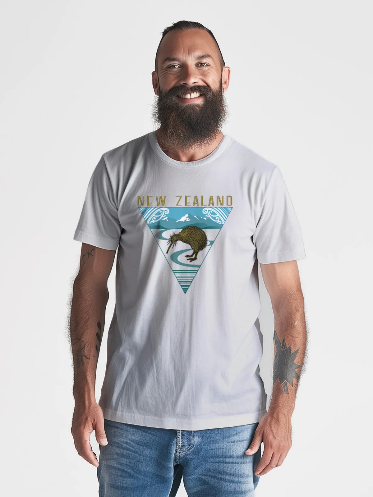 Mens New Zealand T Shirt - Kiwi and Mountains