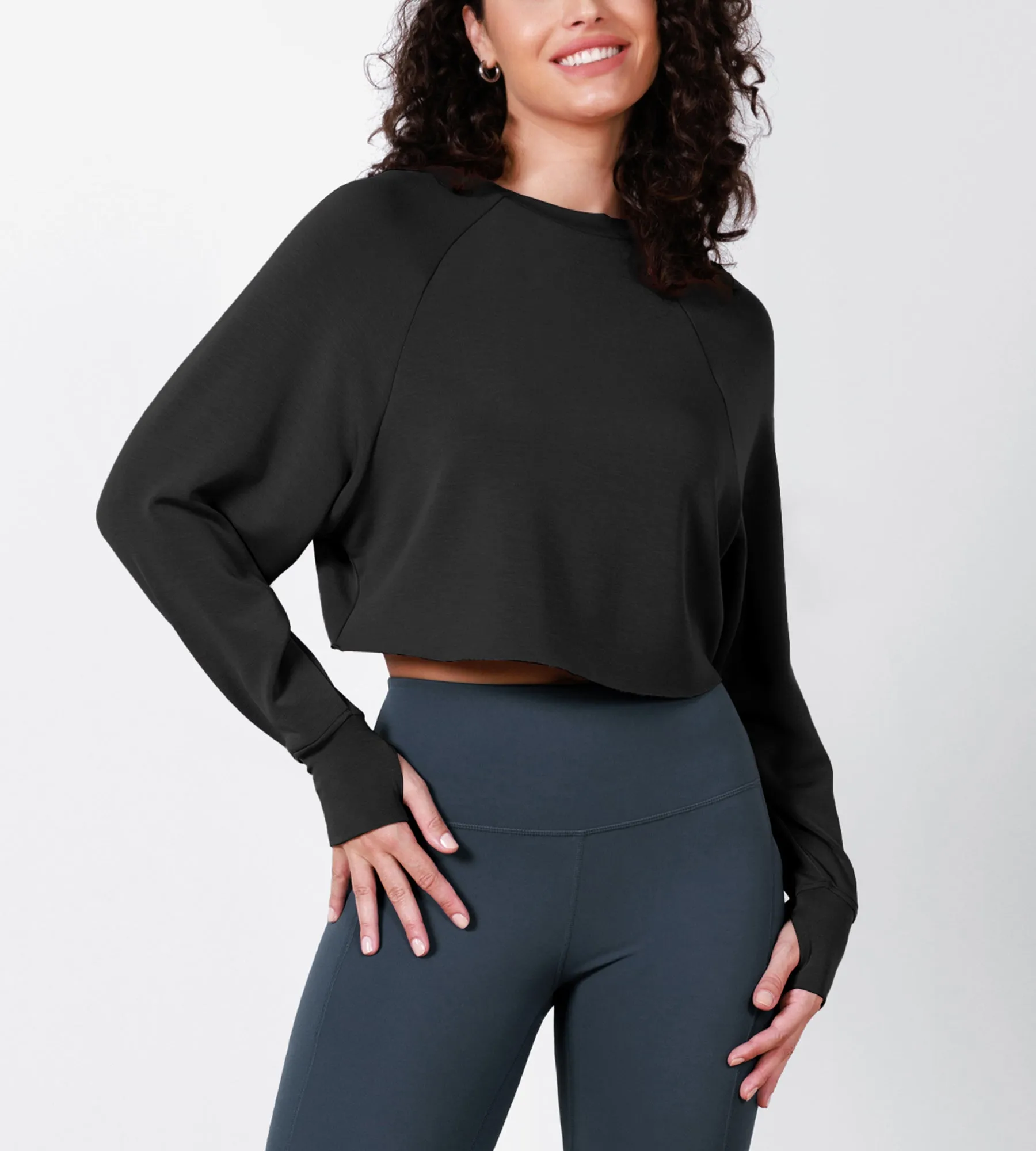 Modal Soft Long Sleeve Cropped Sweatshirts with Thumb Hole