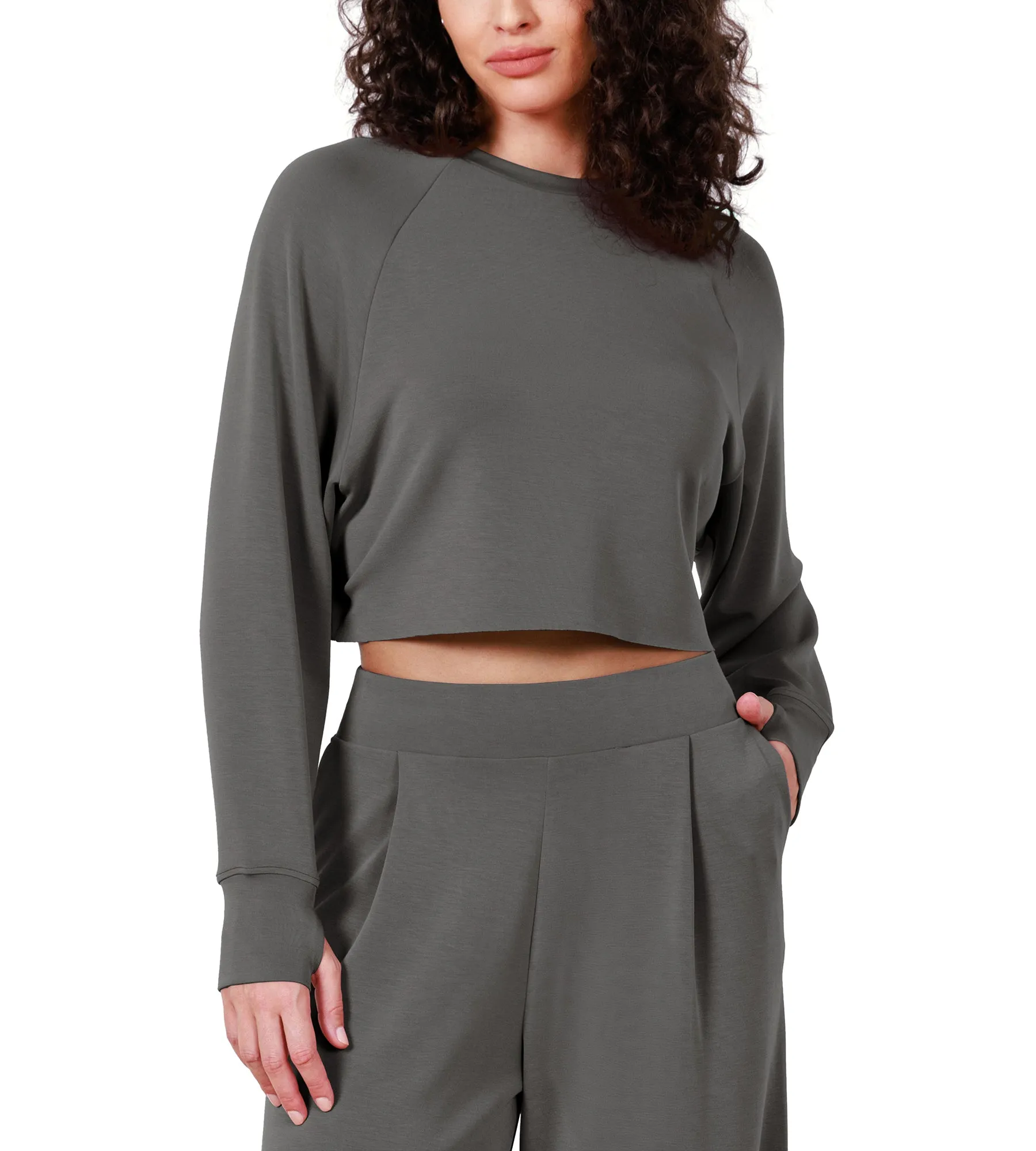 Modal Soft Long Sleeve Cropped Sweatshirts with Thumb Hole
