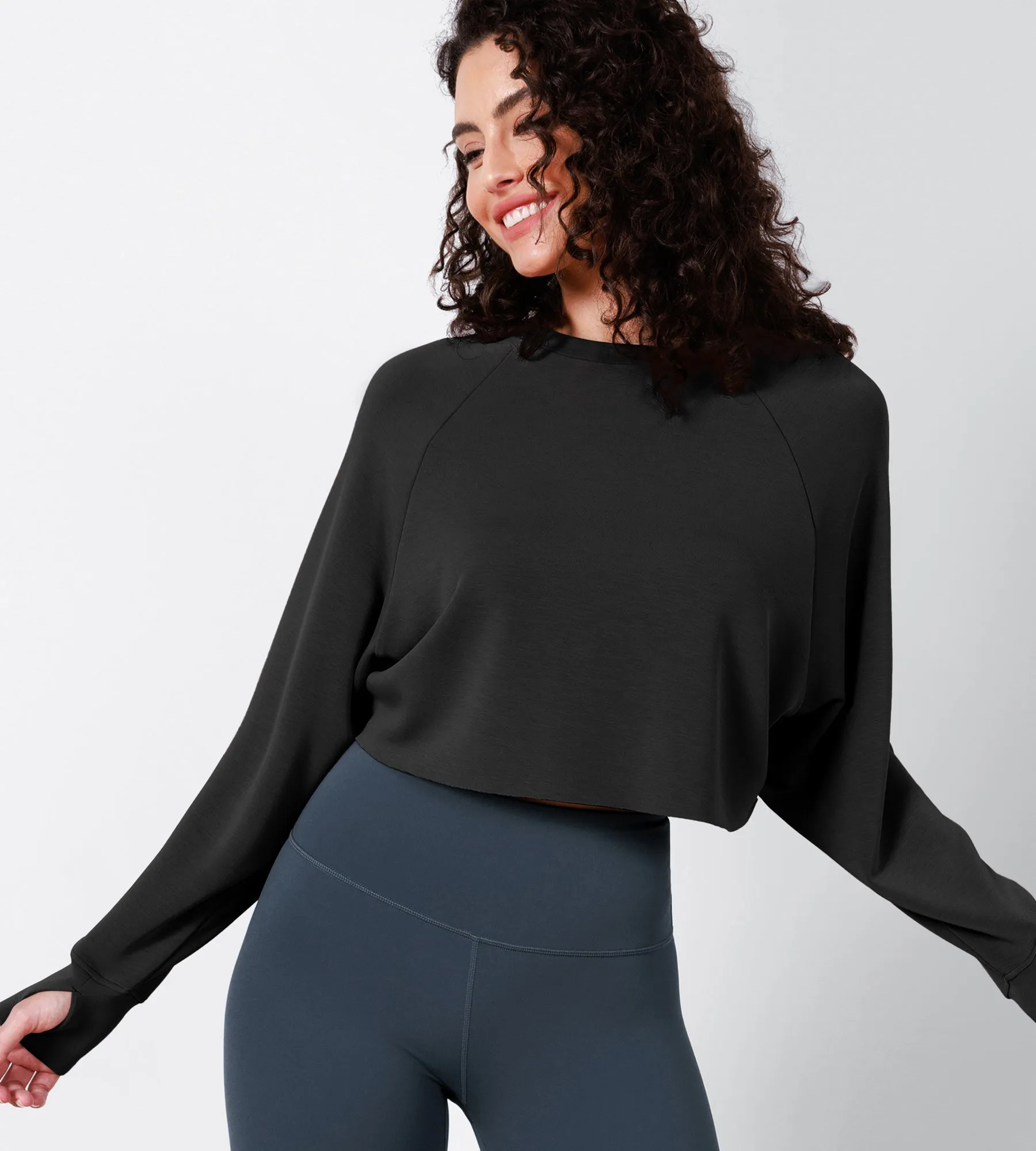 Modal Soft Long Sleeve Cropped Sweatshirts with Thumb Hole