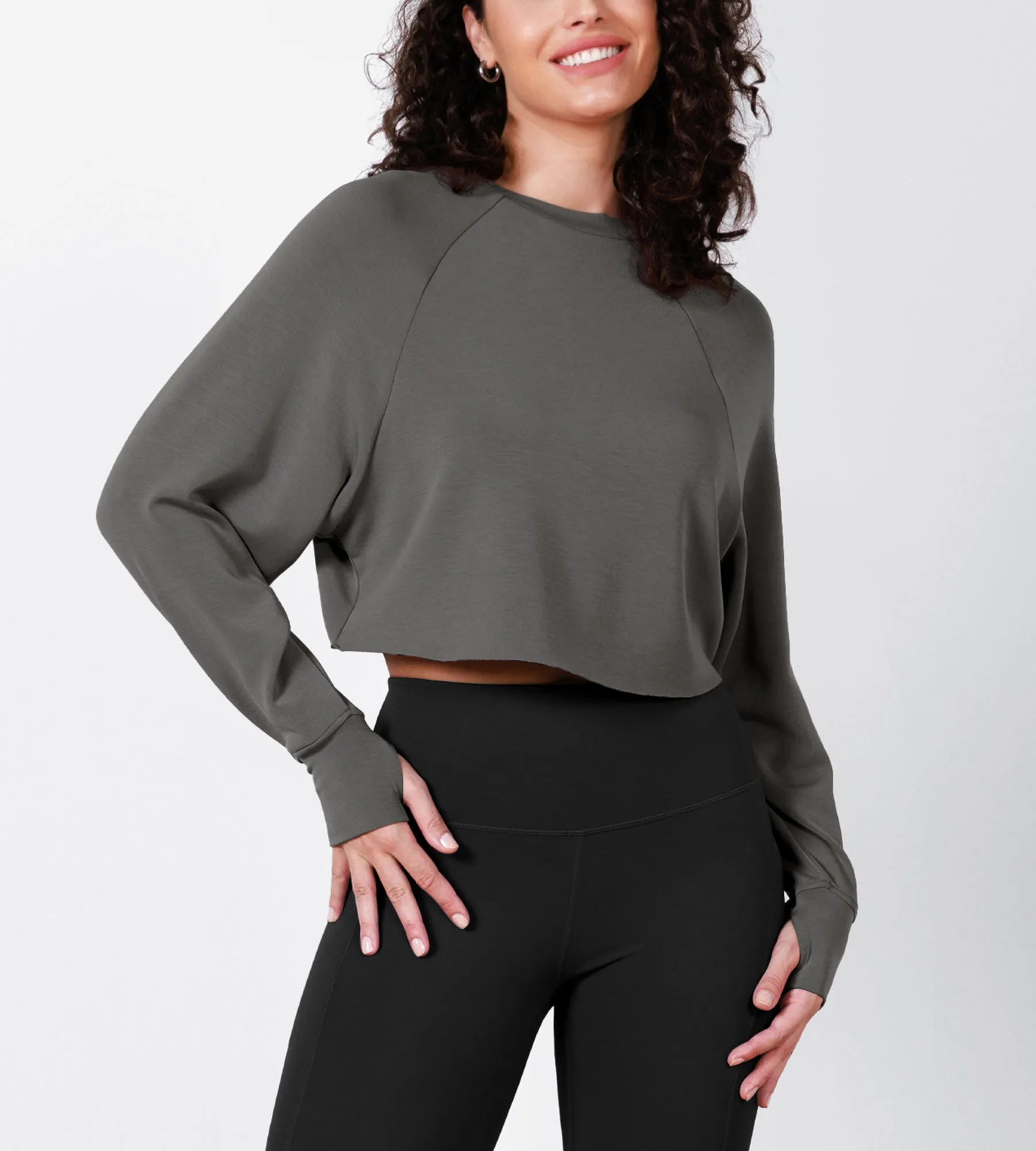 Modal Soft Long Sleeve Cropped Sweatshirts with Thumb Hole