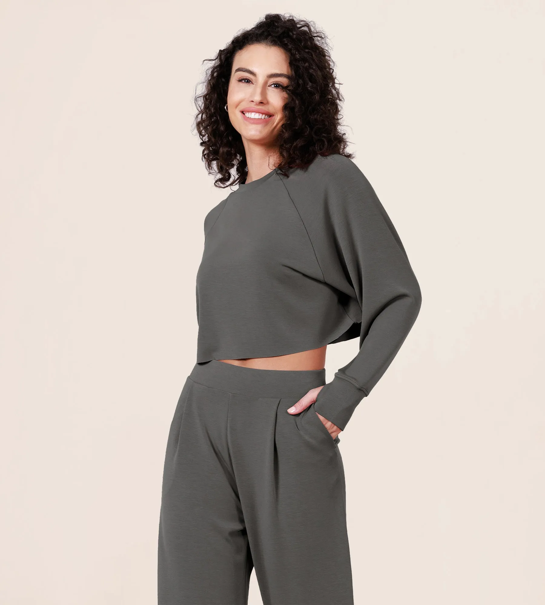 Modal Soft Long Sleeve Cropped Sweatshirts with Thumb Hole