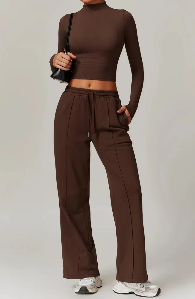 Moody Solid Color Stretchy Turtleneck Long Sleeve And Patchwork Sweatpants Set