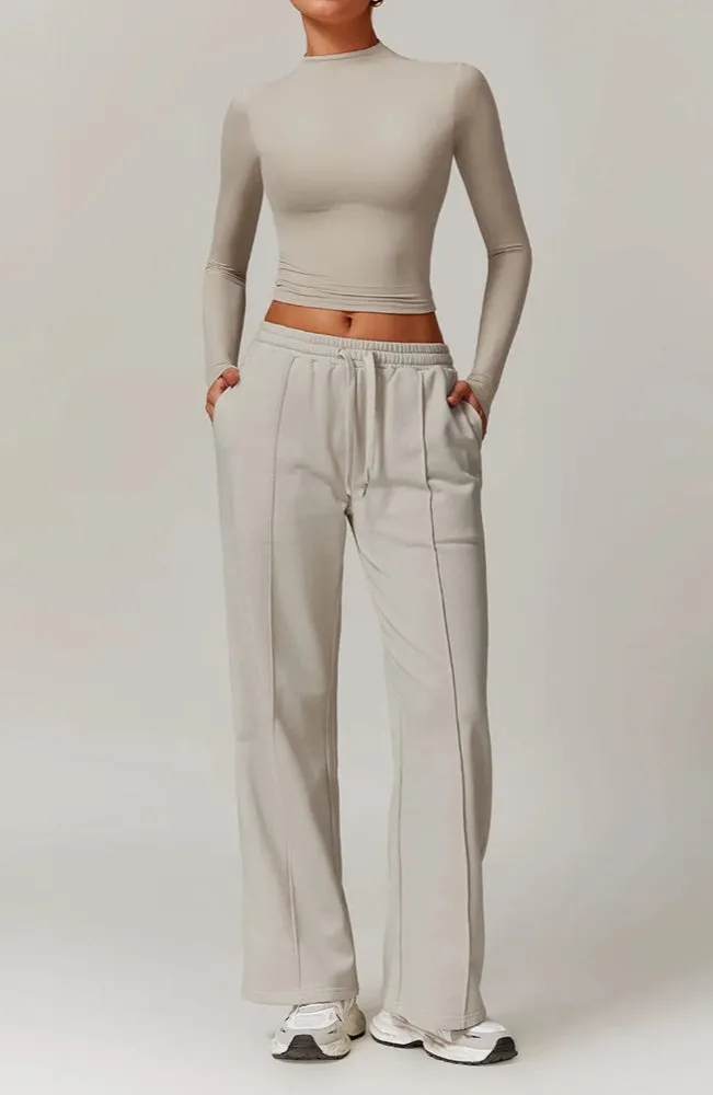 Moody Solid Color Stretchy Turtleneck Long Sleeve And Patchwork Sweatpants Set