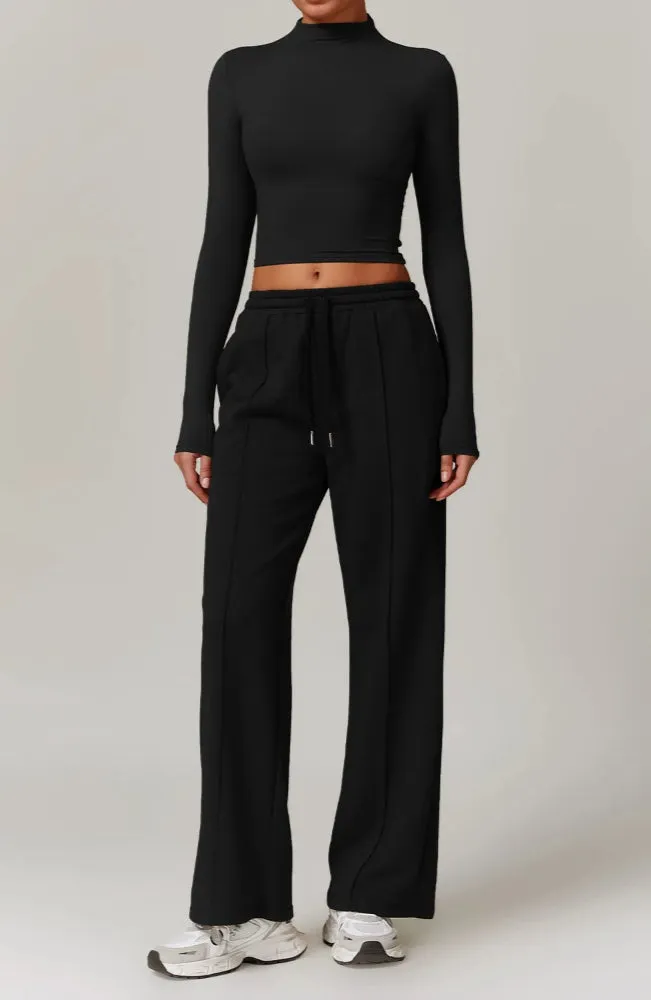 Moody Solid Color Stretchy Turtleneck Long Sleeve And Patchwork Sweatpants Set