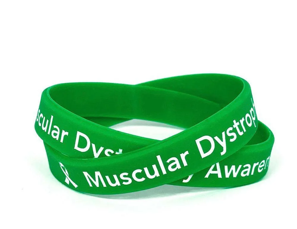 Muscular Dystrophy Awareness Green Rubber Bracelet Wristband White Letters- Adult 8"