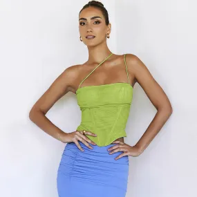 Sexy Draped Cowl Neck One Shoulder Mesh Corset Cropped Top - Green