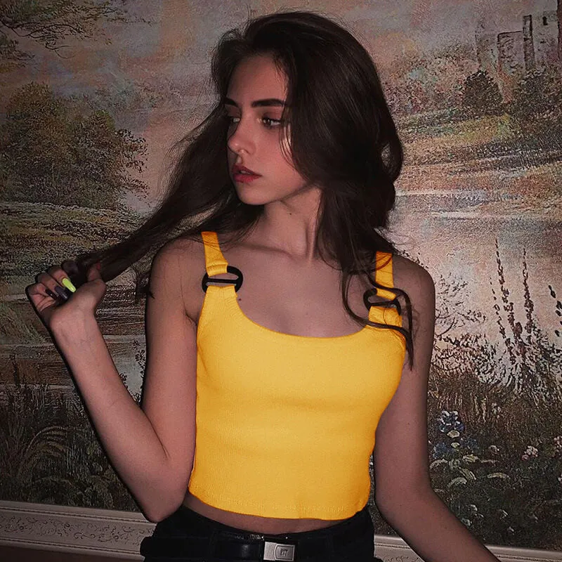 Summer Yellow Plain Backless Cropped Tank Tops