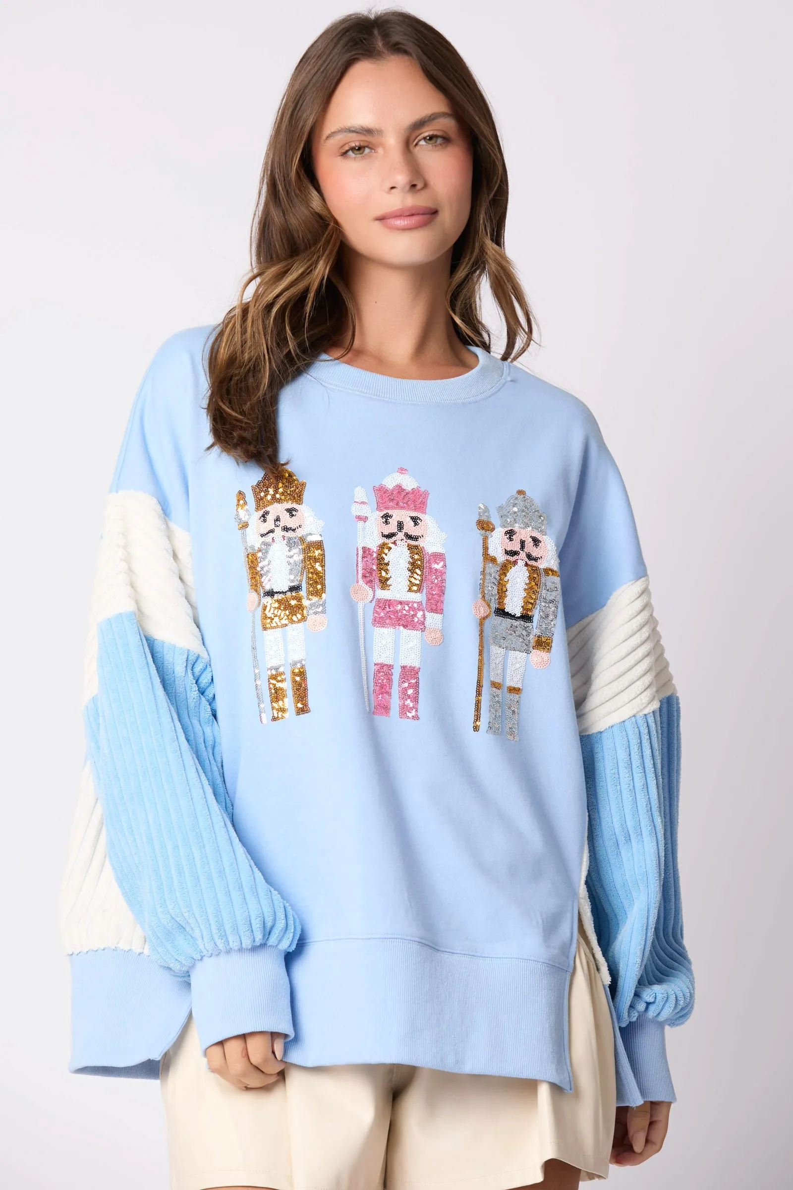 TERRY CORDUROY MIXED MEDIA OVERSIZED SWEATSHIRT W/SEQUINS