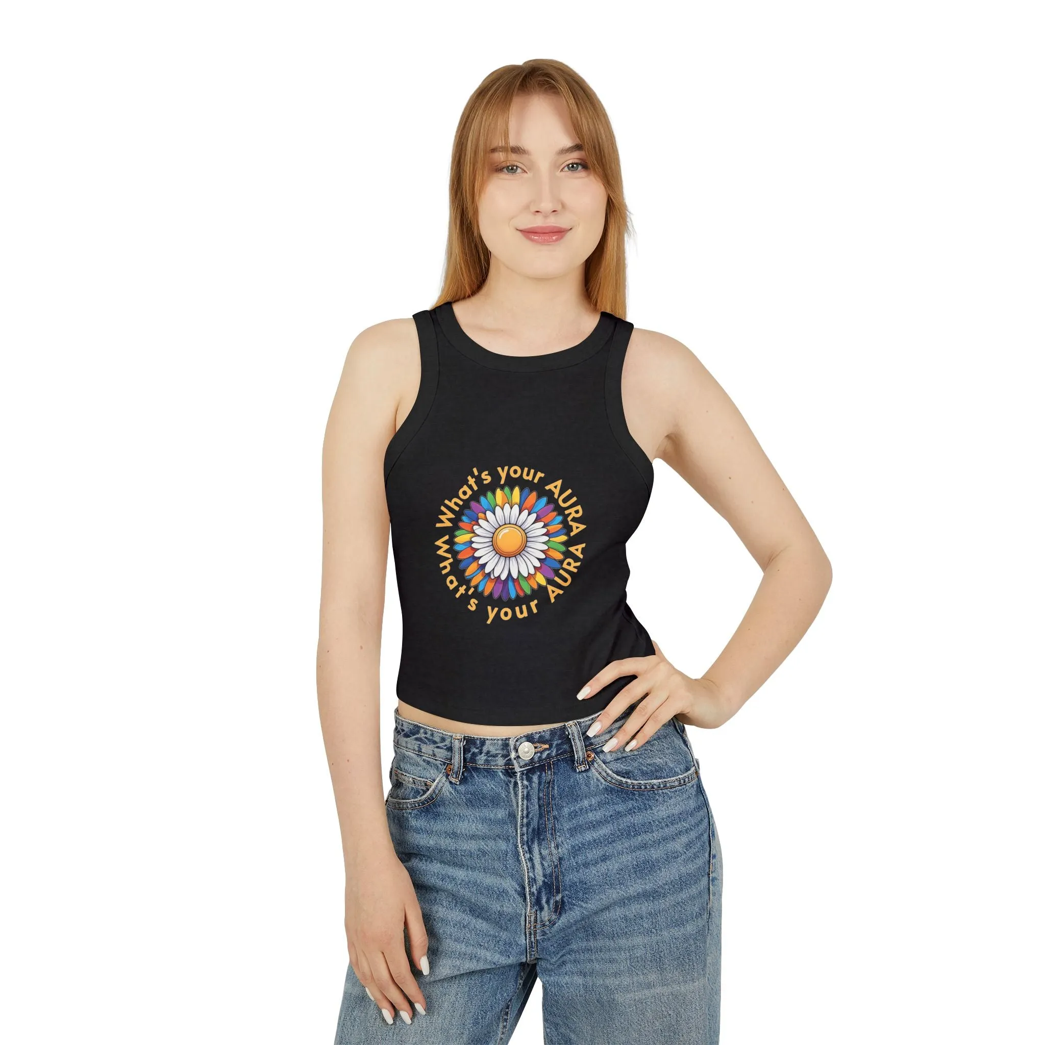 Women's Micro Rib Racer Tank Top – Happy Sun Design with 'What's Your Aura?'"